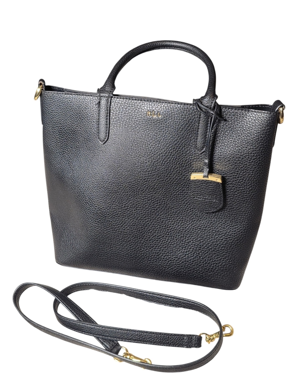 Lauren Ralph Lauren Black Pebbled Leather Tyler Satchel Tote Crossbody Bag